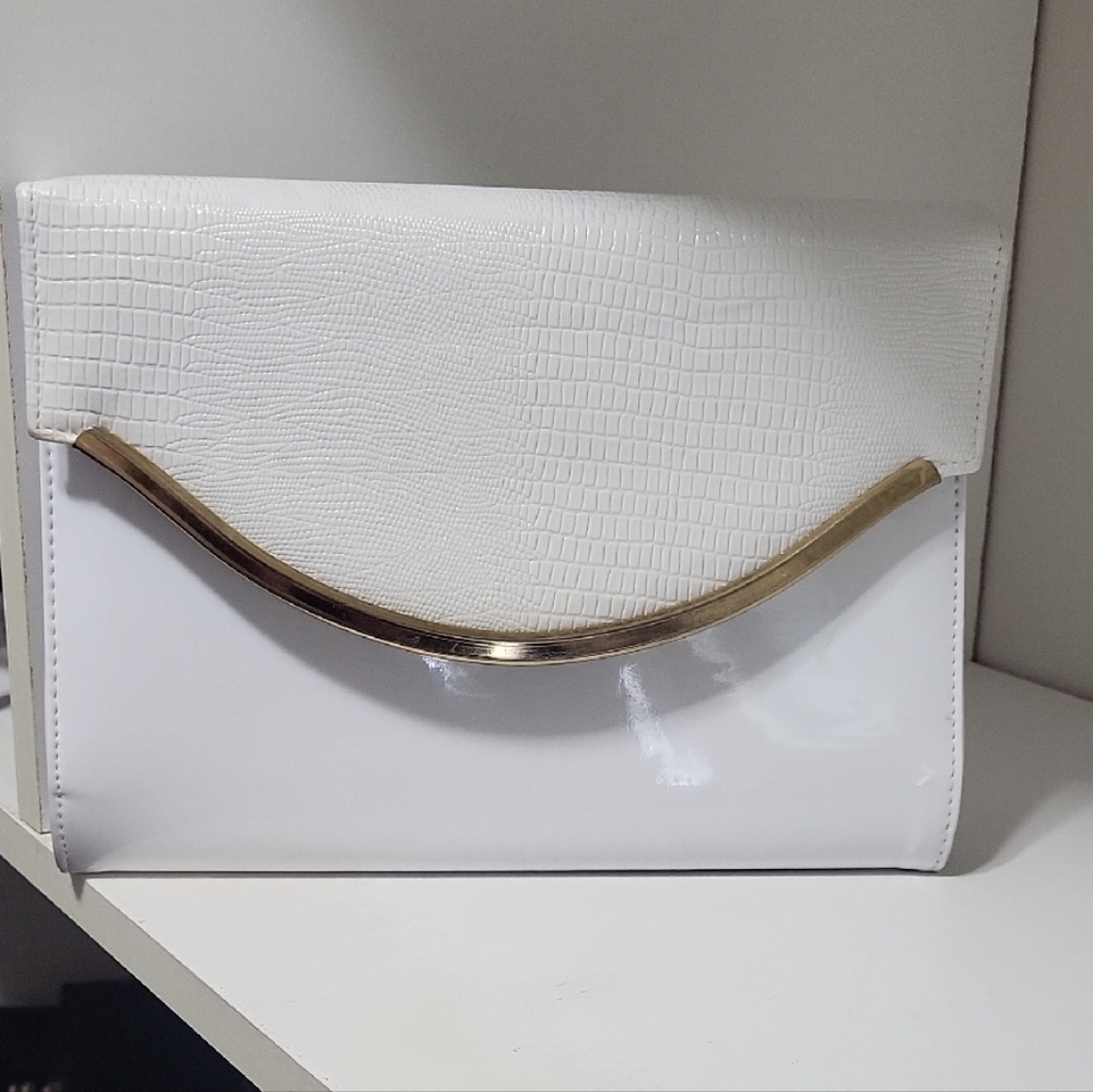 White and Gold Structured Clutch with Metallic Accents